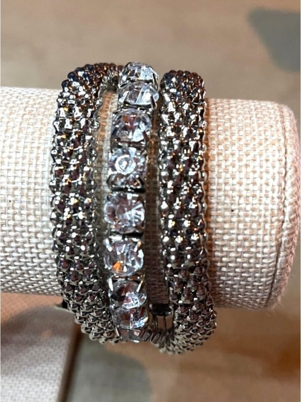 Express Twisted Mesh Rhinestone Stretch Intertwined Silver Toned Bracelet Vintag